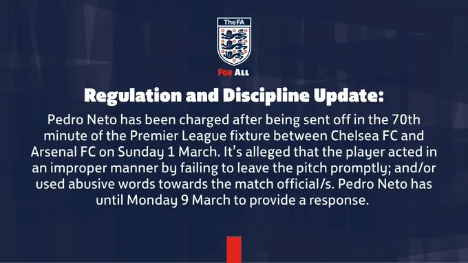 pp电子官网-英足总官方：指控切尔西边锋内托红牌后出言不逊+未及时离场